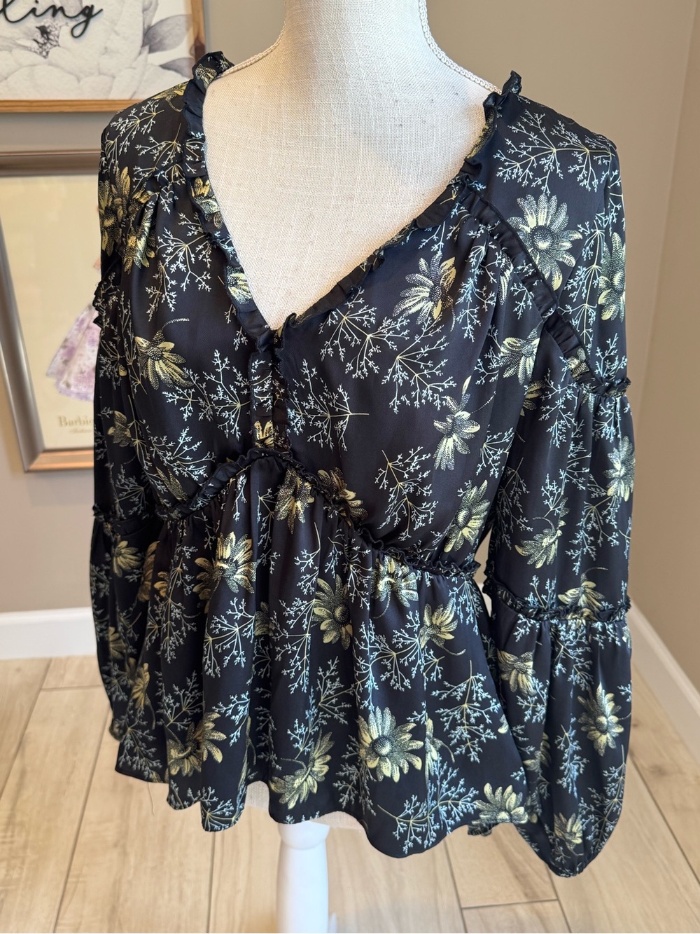 cinq a sept Black Top with Gold Floral Print